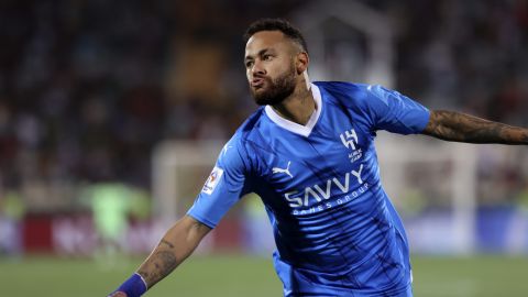 Al Hilal's Neymar celebrates after scoring a goal against Iran's FC Nassaji Mazandaran during the AFC Champions League Group D soccer match between Al Hilal and Nassaji Mazandaran at the Azadi Stadium in Tehran, Iran, Tuesday, Oct. 3, 2023. (AP Photo)