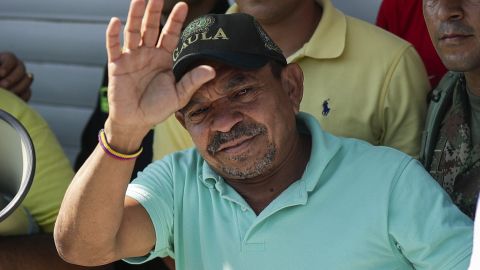 Luis Manuel Díaz waves to neighbors at his home in Barrancas, Colombia, after he was released by his kidnappers Thursday, Nov. 9, 2023. Díaz, the father of Liverpool striker Luis Díaz, was kidnapped on Oct. 28 by the guerrilla group National Liberation Army, or ELN. (AP Photo/Ivan Valencia)