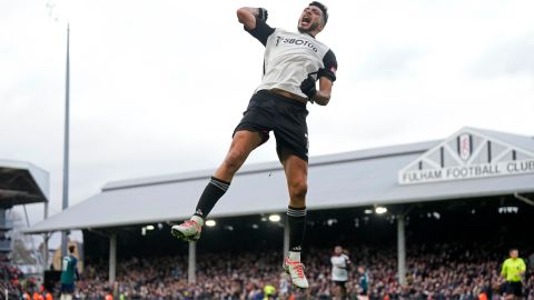 Fulham's Raul Jimenez celebrates after scoring his side's first goal during the English Premier League soccer match between Arsenal and Fulham at Craven Cottage stadium in London, Sunday, Dec. 31, 2023. (AP Photo/Alastair Grant)