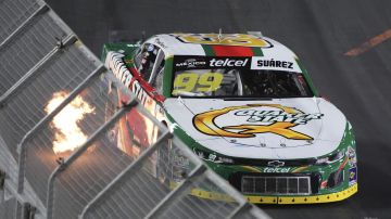 Daniel Suárez (99) drives during the NASCAR Mexico Series auto race at Los Angeles Memorial Coliseum Saturday, Feb. 3, 2024, in Los Angeles. (AP Photo/Mark J. Terrill)