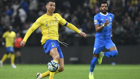 Al Nassr's Cristiano Ronaldo kicks the ball during Riyadh Season Cup 2024 final match against Al Hilal at Kingdom Arena Stadium in Riyadh, Saudi Arabia, Thursday, Feb. 8, 2024. (AP Photo)