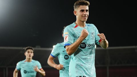 Barcelona's Fermin Lopez celebrates after scoring his side's second goal during a Spanish La Liga soccer match between Almeria and Barcelona at the Power Horse stadium in Almeria, Spain, Thursday, May 16, 2024. (AP Photo/Jose Breton)