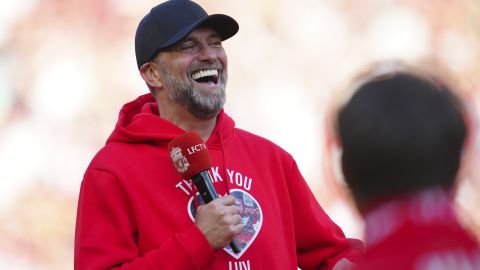 Liverpool's manager Jurgen Klopp reacts after his very last match with Liverpool after the English Premier League soccer match between Liverpool and Wolverhampton Wanderers at Anfield Stadium in Liverpool, England, Sunday, May 19, 2024. (AP Photo/Jon Super)