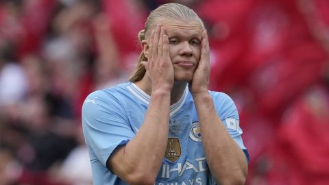 FILE - Manchester City's Erling Haaland reacts at the end of the English FA Cup final soccer match between Manchester City and Manchester United at Wembley Stadium in London, Saturday, May 25, 2024. The most feared striker in Europe won’t be playing at the European Championship. That’s because Erling Haaland’s Norway didn’t qualify. Other big names missing from the Euros include Karim Benzema, Marcus Rashford, Mats Hummels and Sandro Tonali. (AP Photo/Kin Cheung, File)