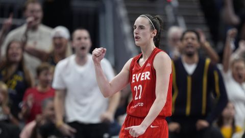 Indiana Fever's Caitlin Clark reacts during the second half of a WNBA basketball game against the Las Vegas Aces, Wednesday, Sept. 11, 2024, in Indianapolis. (AP Photo/Darron Cummings)