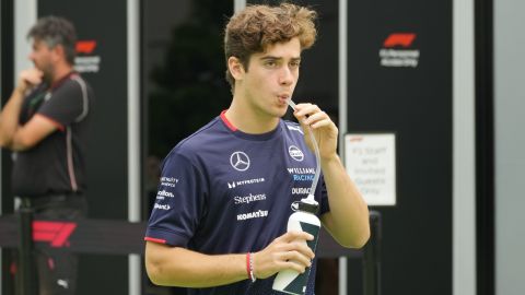 Williams driver Franco Colapinto of Argentina arrives for the first practice session of the Singapore Formula One Grand Prix at the Marina Bay Street Circuit, in Singapore, Friday, Sept. 20, 2024. (AP Photo/Vincent Thian)