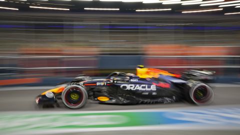 Red Bull driver Sergio Perez of Mexico during the second practice session of the Singapore Formula One Grand Prix at the Marina Bay Street Circuit, in Singapore, Friday, Sept. 20, 2024. (AP Photo/Vincent Thian)