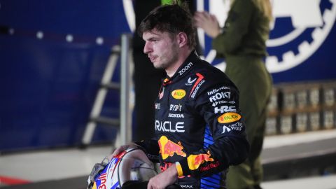 Red Bull driver Max Verstappen of the Netherlands reacts after his second place finish in the Singapore Formula One Grand Prix at the Marina Bay Street Circuit, in Singapore, Sunday, Sept. 22, 2024. (AP Photo/Vincent Thian)