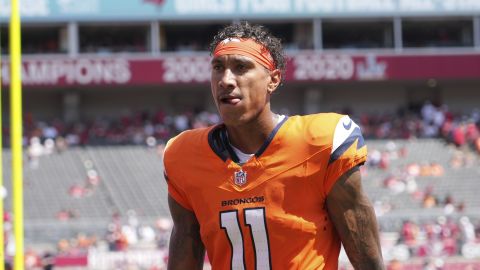 Denver Broncos wide receiver Josh Reynolds (11) jogs to the locket room at half time during an NFL football game against the Tampa Bay Buccaneers, Sunday, Sept. 22, 2024, in Tampa, Fla. (AP Photo/Peter Joneleit)