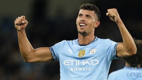 Manchester City's Matheus Nunes celebrates after he scored during the English League Cup soccer match between Manchester City and Watford in Manchester, England, Tuesday, Sept. 24, 2024. (AP Photo/Dave Thompson)