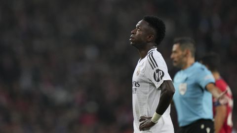 Real Madrid's Vinicius Junior reacts during the Champions League opening phase soccer match between Lille and Real Madrid at the Stade Pierre Mauroy in Villeneuve-d'Ascq, outside Lille, France, Wednesday, Oct. 2, 2024. (AP Photo/Thibault Camus)