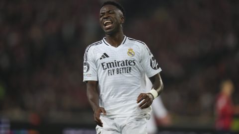 Real Madrid's Vinicius Junior reacts during the Champions League opening phase soccer match between Lille and Real Madrid at the Stade Pierre Mauroy in Villeneuve-d'Ascq, outside Lille, France, Wednesday, Oct. 2, 2024. (AP Photo/Thibault Camus)