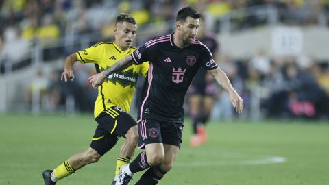 Columbus Crew's Alexandru Matan, left, chases Inter Miami's Lionel Messi during the second half of an MLS soccer match, Wednesday, Oct. 2, 2024, in Columbus, Ohio. (AP Photo/Jay LaPrete)