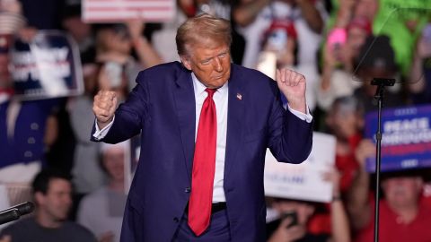 Republican presidential nominee former President Donald Trump dances at a campaign event at the Ryder Center at Saginaw Valley State University, Thursday, Oct. 3, 2024, in University Center, Mich. (AP Photo/Carlos Osorio)