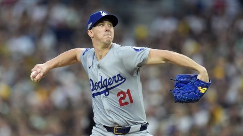 Los Angeles Dodgers pitcher Walker Buehler throws to a San Diego Padres batter during the first inning in Game 3 of a baseball NL Division Series Tuesday, Oct. 8, 2024, in San Diego. (AP Photo/Gregory Bull)