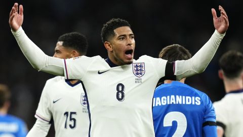 England's Jude Bellingham celebrates after scoring his side's first goal during the UEFA Nations League Group F soccer match between England and Greece at Wembley Stadium in London, Thursday, Oct. 10, 2024. (AP Photo/Kirsty Wigglesworth)