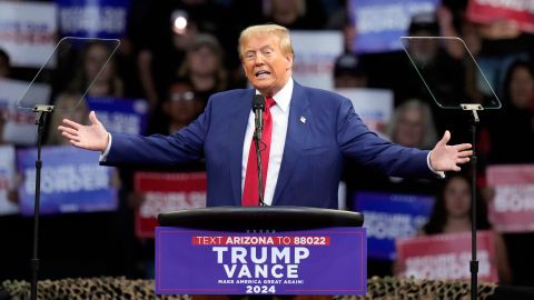 Republican presidential nominee former President Donald Trump speaks at a campaign rally at the Findlay Toyota Arena Sunday, Oct. 13, 2024, in Prescott Valley, Ariz. (AP Photo/Ross D. Franklin)