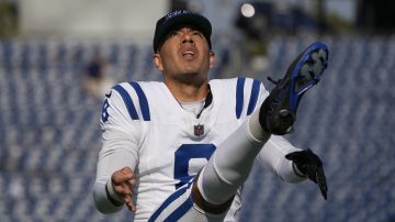 Indianapolis Colts punter Rigoberto Sanchez warms up before an NFL football game against the Tennessee Titans, Sunday, Oct. 13, 2024, in Nashville, Tenn. (AP Photo/George Walker IV)