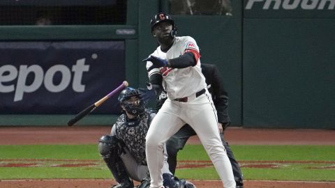 Cleveland Guardians' Jhonkensy Noel watches his two-run home run against the New York Yankees during the ninth inning in Game 3 of the baseball AL Championship Series Thursday, Oct. 17, 2024, in Cleveland. (AP Photo/Sue Ogrocki)