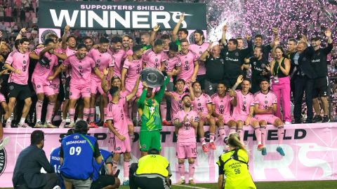 Inter Miami players celebrate during a ceremony for winning the Supporters' Shield after an MLS soccer match against the New England Revolution, Saturday, Oct. 19, 2024, in Fort Lauderdale, Fla. (AP Photo/Lynne Sladky)