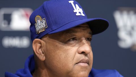 Los Angeles Dodgers manager Dave Roberts listens to a question during a news conference before Game 2 of the baseball World Series, Saturday, Oct. 26, 2024, in Los Angeles. (AP Photo/Godofredo A. Vásquez)