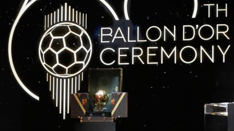 The Golden Ball is shown during the 68th Ballon d'Or (Golden Ball) award ceremony at Theatre du Chatelet in Paris, Monday, Oct. 28, 2024. (AP Photo/Michel Euler)