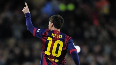 FC Barcelona's Lionel Messi, from Argentina, celebrates after scoring against Almeria during a Spanish La Liga soccer match at the Camp Nou stadium in Barcelona, Spain, Wednesday, April 8, 2015. (AP Photo/Manu Fernandez)