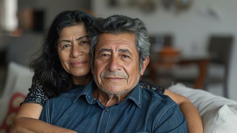 Cinematic photo of a happy middle aged Hispanic man sitting on the couch in the living room, his wife standing behind him and embracing her husband from behind with a smile on her face