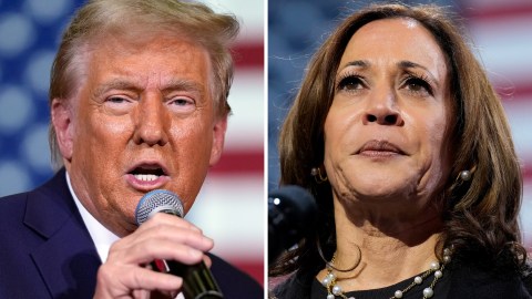 This combination of file photos shows Republican presidential nominee former President Donald Trump, left, speaking at at a town hall on Oct. 20, 2024, in Lancaster, Pa., and Democratic presidential nominee Vice President Kamala Harris, right, speaking at a campaign rally on Oct. 14, 2024, Erie, Pa. (AP Photo)