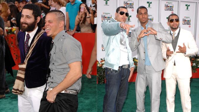 Derecha: El grupo "Calle 13" en la alfombra verde de los premios "Billboard a la Música Latina 2007", Izquierda: El grupo "Aventura"en la alfombra verde de los premios "Billboard a la Música Latina 2007"