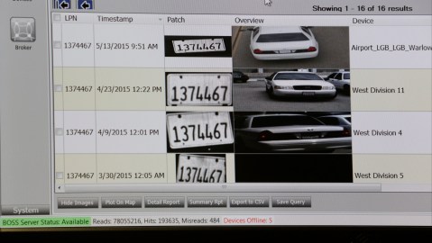 In this Thursday, June 25, 2015 photo, a computer terminal displays a single vehicle's license plate number, captured in multiple locations by Automated License Plate Readers (ALPR) cameras at the city's Emergency Operations Center in Long Beach, Calif. Police nationwide are buying access into expansive databases run by private companies whose repo men and tow-truckers photograph license plates on vehicles every day, raising concerns among civil libertarians and some lawmakers about the lack of protections against abuse. (AP Photo/Damian Dovarganes)