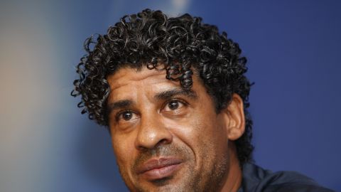 Barcelona's coach Frank Rijkaard answers questions during a press conference at Ibrox Stadium before his team's forthcoming Champion's League soccer match against Rangers, in Glasgow, Scotland, Monday Oct. 22, 2007. (AP Photo/Jon Super)