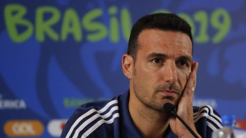 Argentina coach Lionel Scaloni attends a press conference after a training session in Sao Paulo, Brazil, Friday, July 5, 2019. Argentina's national soccer team will play in the third-place Copa America match against Chile on Saturday. (AP Photo/Nelson Antoine)