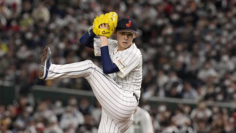 Roki Sasaki of Japan pitches during their Pool B game against the Czech Republic at the World Baseball Classic at the Tokyo Dome, Japan, Saturday, March 11, 2023. (AP Photo/Eugene Hoshiko)