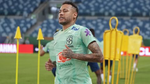 Brazil's Neymar exercises during a training session in Cuiaba, Brazil, Wednesday, Oct. 11, 2023. Brazil will face Venezuela in a World Cup 2026 qualifying soccer match on Thursday. (AP Photo/Andre Penner)