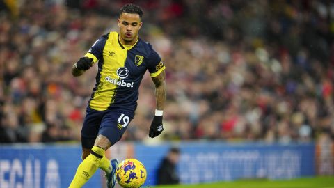 Bournemouth's Justin Kluivert controls the ball during the English Premier League soccer match between Manchester United and Bournemouth at the Old Trafford stadium in Manchester, England, Saturday, Dec. 9, 2023. (AP Photo/Jon Super)