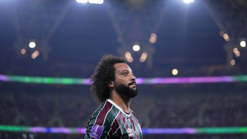 Fluminense's Marcelo leaves the pitch after getting injured during the Soccer Club World Cup semifinal soccer match between Fluminense FC and Al Ahly FC at King Abdullah Sports City Stadium in Jeddah, Saudi Arabia, Monday, Dec. 18, 2023. (AP Photo/Manu Fernandez)