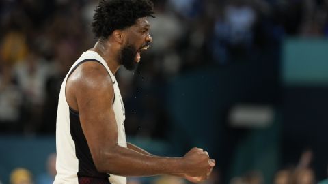 United States' Joel Embiid (11) celebrates a basket in the final minutes against Serbia during a men's semifinals basketball game at Bercy Arena at the 2024 Summer Olympics, Thursday, Aug. 8, 2024, in Paris, France. (AP Photo/Mark J. Terrill)