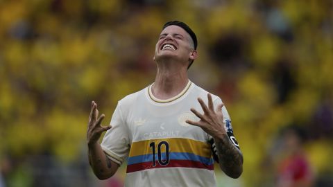 Colombia's James Rodriguez gestures during a FIFA World Cup 2026 qualifying soccer match against Chile at the Metropolitano Roberto Melendez stadium in Barranquilla, Colombia, Tuesday, Oct. 15, 2024. (AP Photo/Fernando Vergara)