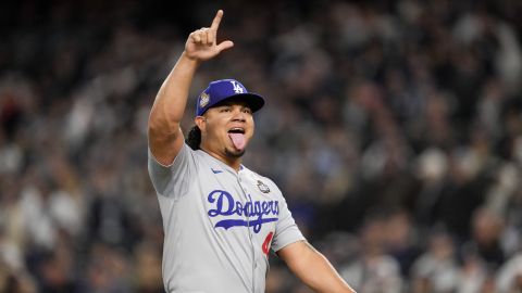 Los Angeles Dodgers pitcher Brusdar Graterol celebrates against the New York Yankees during the sixth inning in Game 3 of the baseball World Series, Monday, Oct. 28, 2024, in New York. (AP Photo/Ashley Landis)