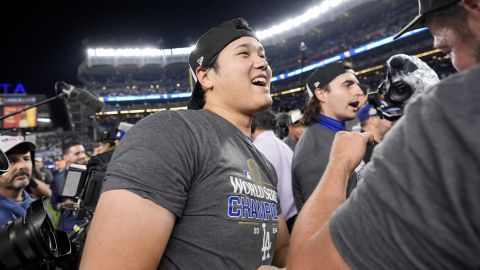 Los Angeles Dodgers' Shohei Ohtani celebrates their win against the New York Yankees in Game 5 to win the baseball World Series, Wednesday, Oct. 30, 2024, in New York. (AP Photo/Ashley Landis)