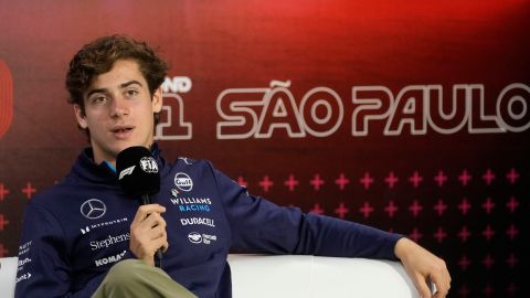 Williams driver Franco Colapinto of Argentina speaks during a press conference ahead of the Brazilian Formula One Grand Prix at the Interlagos race track in Sao Paulo, Brazil, Thursday, Oct. 31, 2024. (AP Photo/Andre Penner)