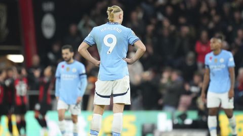 Manchester City's Erling Haaland waits to restart the game after Bournemouth's Evanilson score his sides second goal during the English Premier League soccer match between Bournemouth and Manchester City at the Vitality stadium in Bournemouth, England, Saturday, Nov. 2, 2024. (AP Photo/Kirsty Wigglesworth)