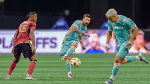 Inter Miami forward Lionel Messi (10) passes the ball during the first half of an MLS soccer match against Atlanta United, Saturday, Nov. 2, 2024, in Atlanta. (AP Photo/Jason Allen)