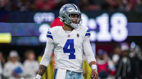 Dallas Cowboys quarterback Dak Prescott (4) works during the first half of an NFL football game against the Atlanta Falcons, Sunday, Nov. 3, 2024, in Atlanta. The Falcons defeated the Cowboys 27-21. (AP Photo/Danny Karnik)