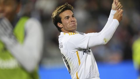 Los Angeles Galaxy midfielder Riqui Puig (10) celebrates after scoring a goal in the second half of the second match of an MLS Cup opening-round playoff series Friday, Nov. 1, 2024, in Commerce City, Colo. (AP Photo/David Zalubowski)