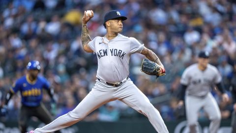 FILE - New York Yankees starter Luis Gil delivers a pitch during a baseball game against the Seattle Mariners, Sept. 17, 2024, in Seattle. (AP Photo/Stephen Brashear, File)