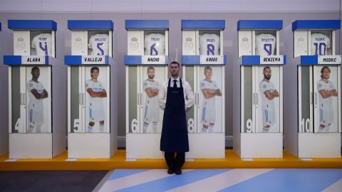 The Real Madrid first-team changing room lockers from Santiago Bernabeu Stadium are displayed at Sotheby's auction rooms in London, Wednesday, Nov. 20, 2024. The sale features 24 individual lockers previously used by footballers including Cristiano Ronaldo, David Beckham and Zinedine Zidane. (AP Photo/Kin Cheung)