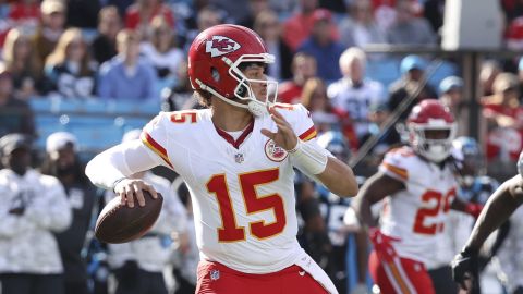 Kansas City Chiefs quarterback Patrick Mahomes (15) makes a pass attempt down field during an NFL football game against the Carolina Panthers, Sunday, November 24, 2024, in Charlotte, NC, . (AP Photo/Peter Joneleit)