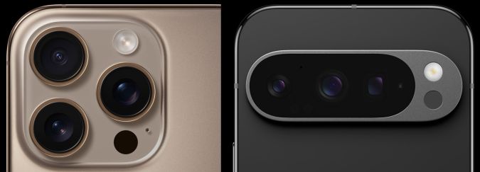 Las disposición de las tres cámaras es diferente en el iPhone 16 Pro (izq.) y el Google Pixel 9 Pro.